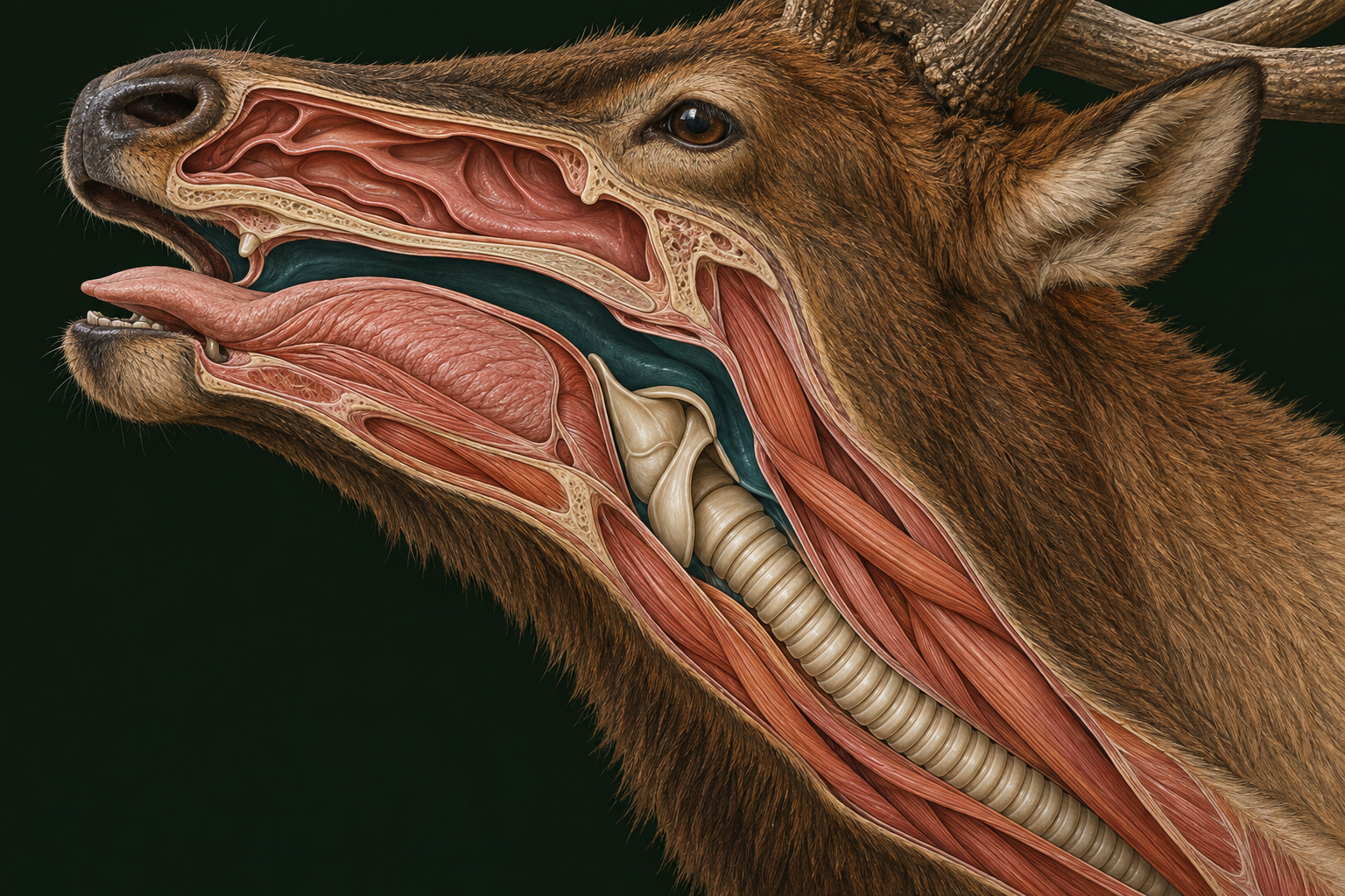 Illustrated side cutaway of an elk’s head and neck, showing the tongue, airway, larynx, trachea, and surrounding tissue
