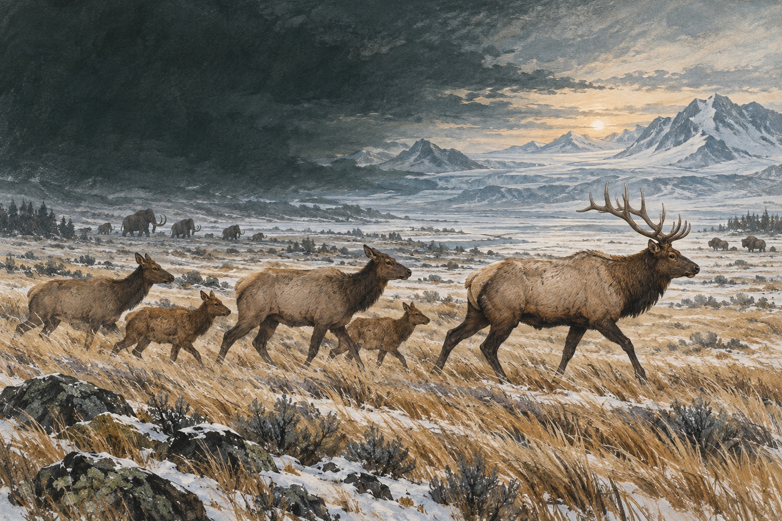 Hand-drawn illustration of elk moving across a late Ice Age grassland