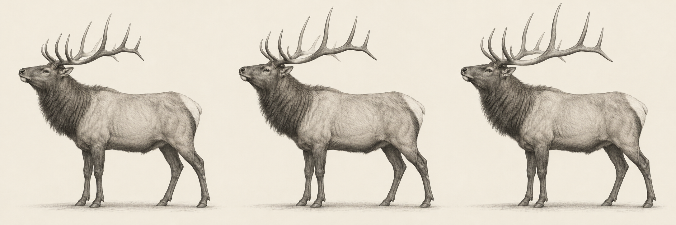 Graphite-style illustration of a mature bull elk representing roughly the 300-inch gross-score class, with its main antler beams sweeping back over its shoulders