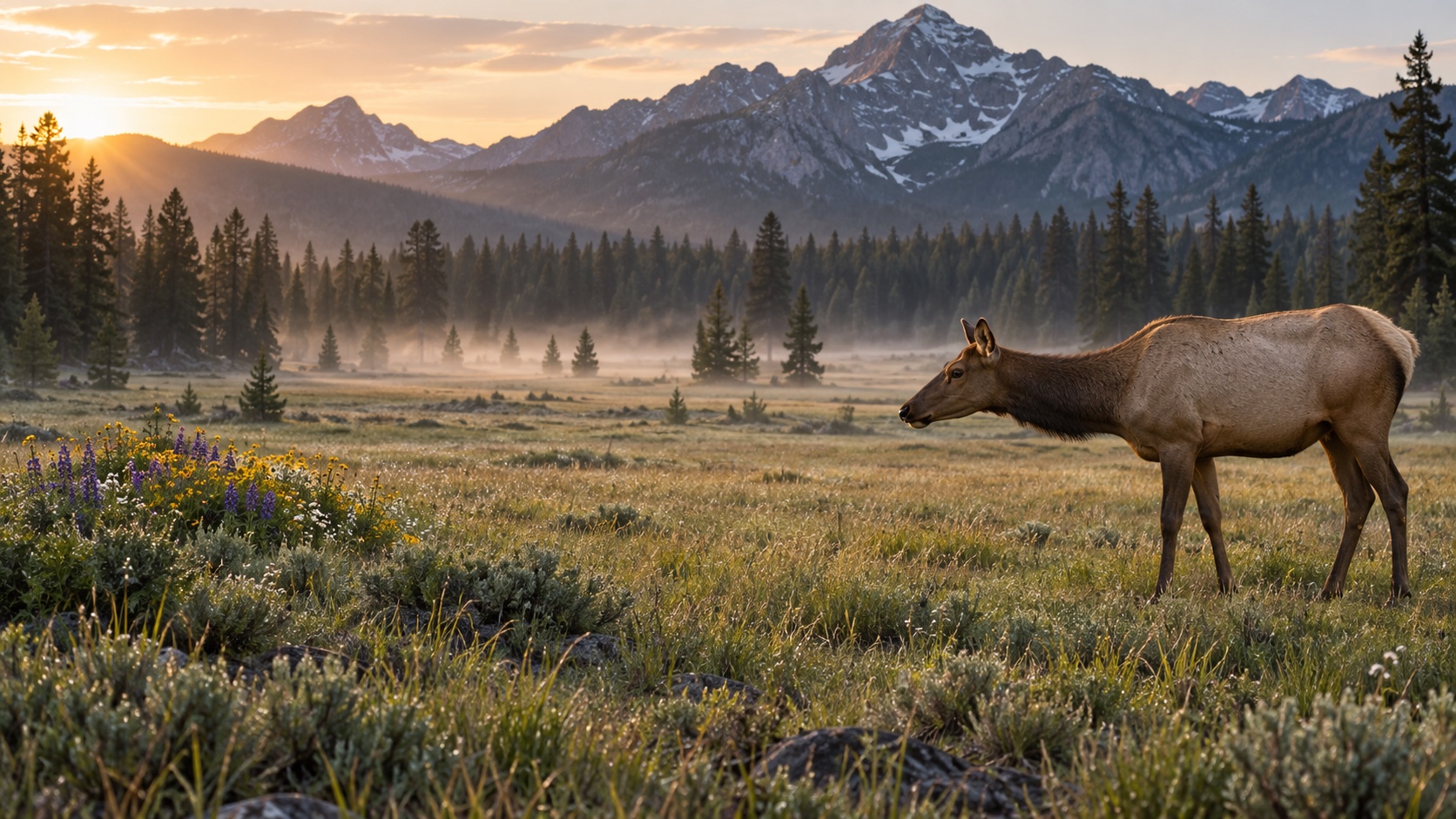 Illustrated cow elk facing a flower-filled mountain meadow