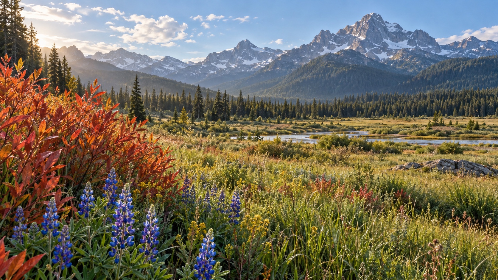 Illustrated mountain meadow with red-orange willow leaves, blue flowers, and green grasses